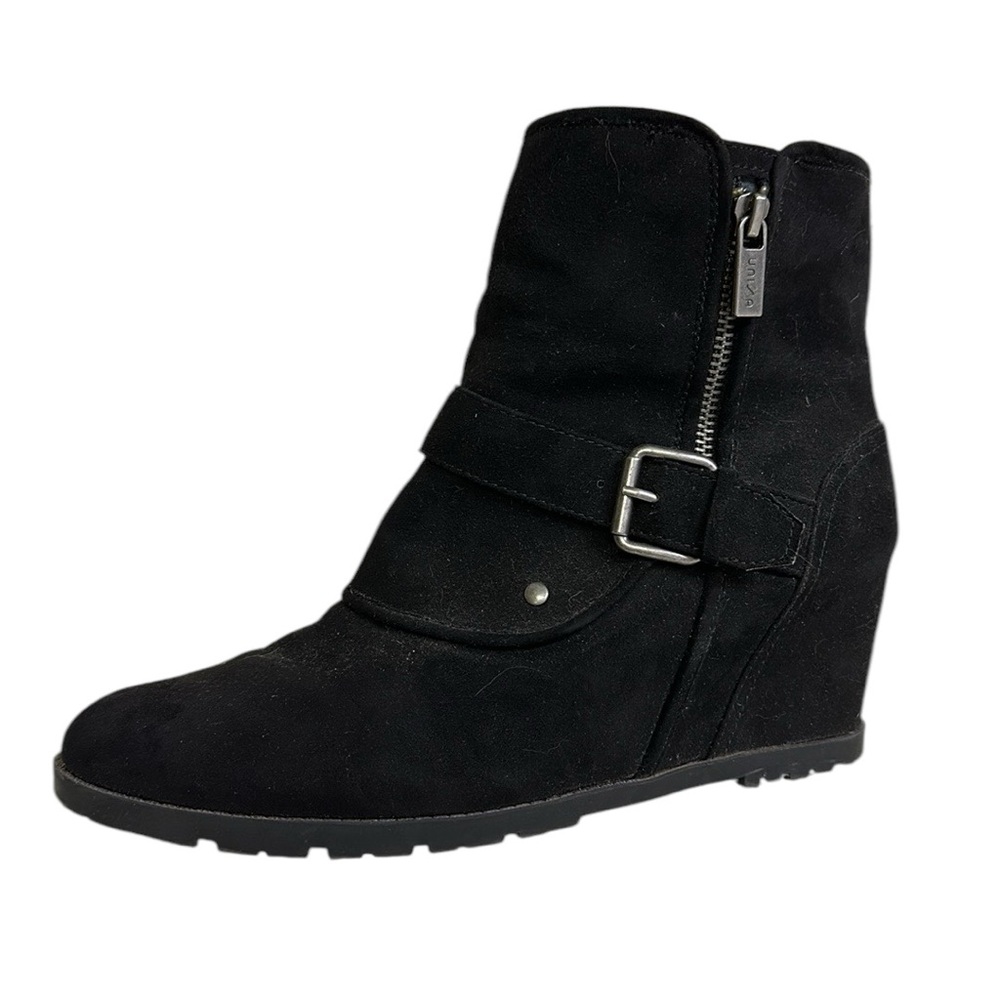 Unisa Black Suede Zip Up Buckle Accent Wedge Bootie Boots Womens Size 10 M